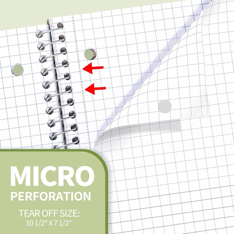 SUNEE Spiral Notebook, 1-Subject, Graph Ruled Paper, 8" x 10-1/2", 100 Sheets per Notebook, 3-Hole Punched Paper, Water Resistant Cover, Spiral Grid Notebooks for Work, Home, School, Writing, Green - Image 5